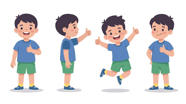 Boy Thumbs Up Color Vector Set &ndash; 4 Cute Positive Gesture Illustrations in Clean Grid