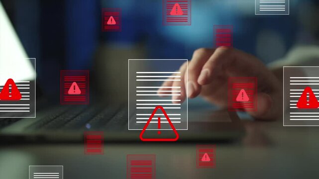 system risk, data threat, cyber alerts, file security issues, online protection, digital warning alert displayed on laptop with document icons,  