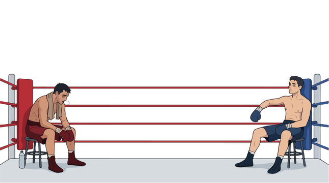 Two boxers clash in a boxing ring under bright arena lights, one resting in the corner while the other presses attack