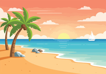 Obraz premium A serene beach scene with palm trees at sunset