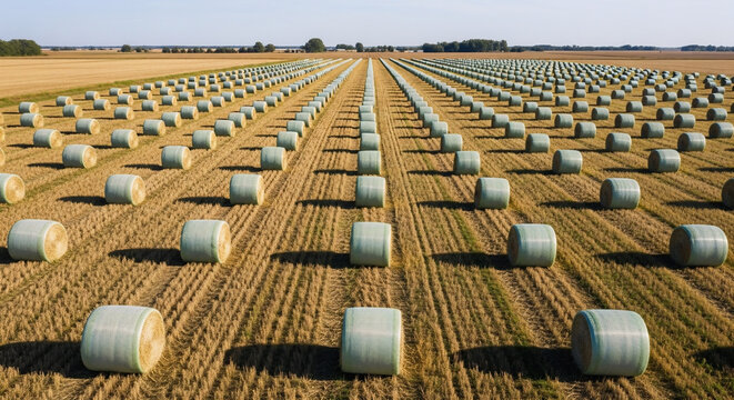Aerial view of a harvested farm field featuring symmetrical rows of alfalfa bales under a clear blue sky during the sunny late summer harvesting season