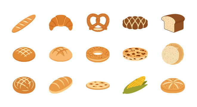 Set of Cartoon Bakery Bread Items Including Baguette Croissant Pretzel Bagel Donut Cornbread