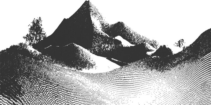 Hand drawn dot work mountain range vector illustration with abstract stipple texture for outdoor adventure graphic designs. 
