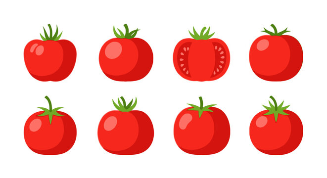 Set of Bright Red Cartoon Tomatoes Whole and Halved with Green Stems Flat Vector Illustration
