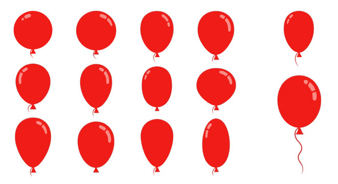 Set of Bright Red Cartoon Balloons in Round and Oval Shapes with Strings Flat Vector Design