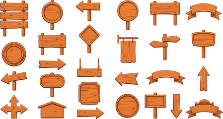 Set of Wooden Sign and Arrow Vector Icons in Various Designs for Direction, Outdoor, and Graphic Projects © MdMojnu