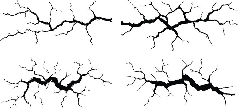 Set of realistic black silhouettes of wall cracks and earth fissures from earthquake damage vector illustration.