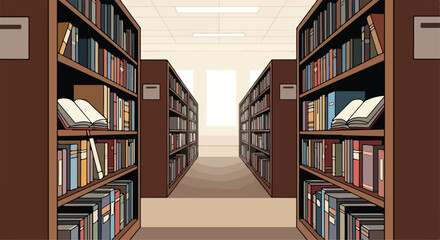 A serene library aisle with bookshelves and books © Komsatun