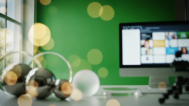 Modern computer setup with reflective spheres and bokeh lights against a vibrant green wall