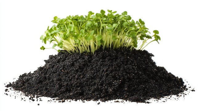 Vibrant green sprouts emerging from rich dark soil isolated on a clean white background showcasing new growth and healthy agriculture with natural lighting illuminating the delicate plants and