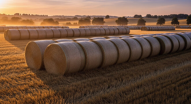 A serene field landscape featuring rows of golden alfalfa bales under a soft sunrise light capturing the essence of agricultural harvest and rural beauty