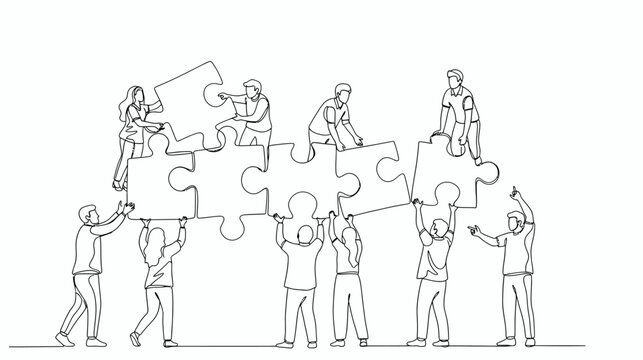 Continuous line drawing of people assembling giant puzzle pieces, teamwork and unity concept, hand drawn vector illustration