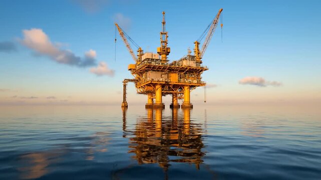Large offshore oil platform, bathed in warm light, reflects on calm water