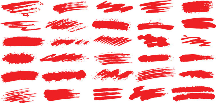 Set of red paint brush strokes and grunge texture swatches collection vector illustration for creative background design.