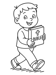 Fototapeta premium Child with Bible: A young boy strides forward, clutching a Bible close, radiating a sense of faith and spiritual journey. Illustrated in monochrome, it signifies innocence, belief.