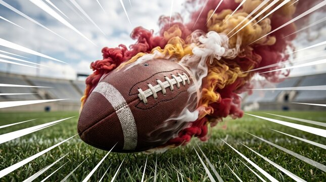 Dynamic American football flying through stadium with colorful smoke and anime speed lines