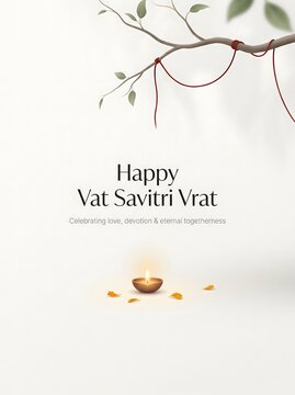 Happy vat savitri vrat festival celebration with glowing diya lamp and floral petals on white