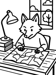 Fototapeta premium Fox Focused: A charming fox character is engrossed in a detailed jigsaw puzzle, showcasing intellect and problem-solving. 