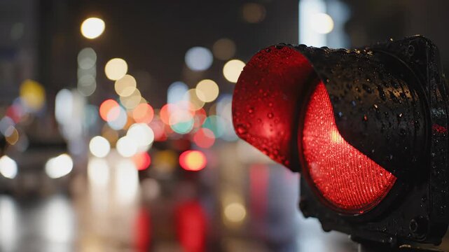 Close Up of Red Traffic Light at Night.