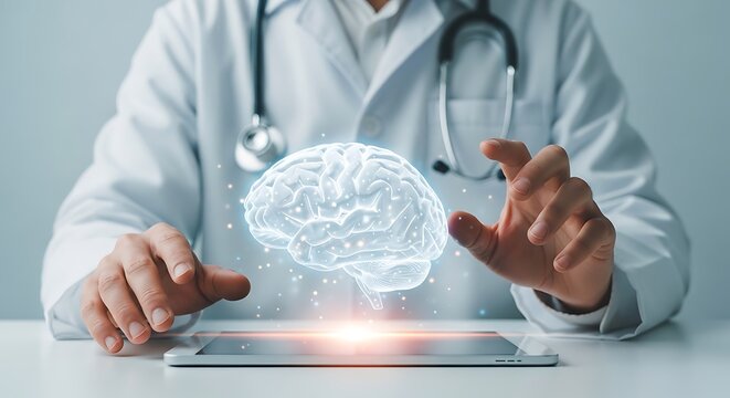 Doctor Examining 3D Brain Hologram for Medical Assessment