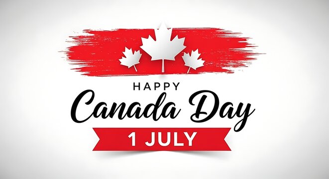 Happy canada day greeting with maple leaves and red brush stroke