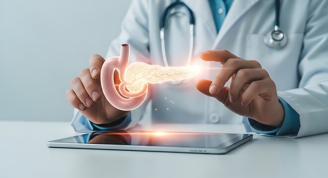 Doctor using digital pancreas hologram for medical assessment