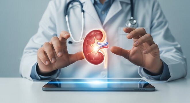 Doctor using digital tablet for kidney medical checkup and assessment