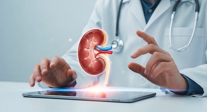 Doctor Examining Virtual Kidney Hologram for Medical Assessment