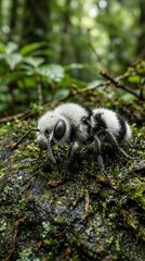 Naklejka premium Panda ant or velvet wasp on green mossy forest floor macro photography