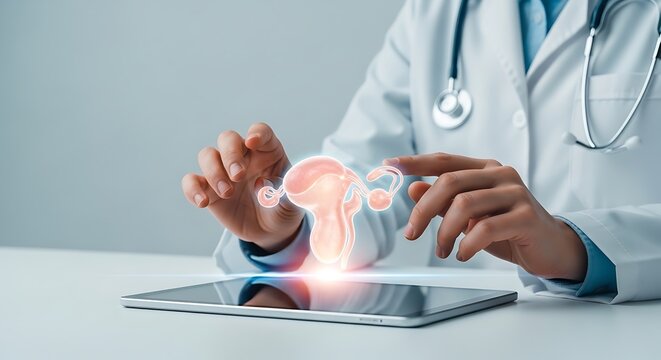 Doctor using tablet with 3D uterus hologram for medical assessment