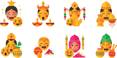 Indian festival celebration icons vector set with Diwali Holi cultural elements lamps colors and traditional characters for festive greeting and marketing design © AntarChandra