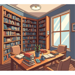 A cozy library room with bookshelves and a wooden table © Junet
