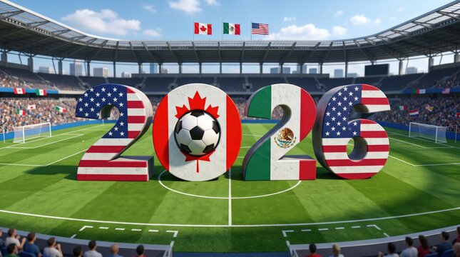 2026 Soccer Event Countdown with Flags of Canada, the USA, and Mexico in Stadium Setting