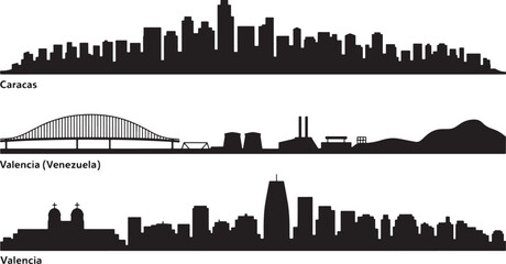 Naklejka premium Black silhouettes set of caracas and valencia venezuela skylines and general city cityscape banners
