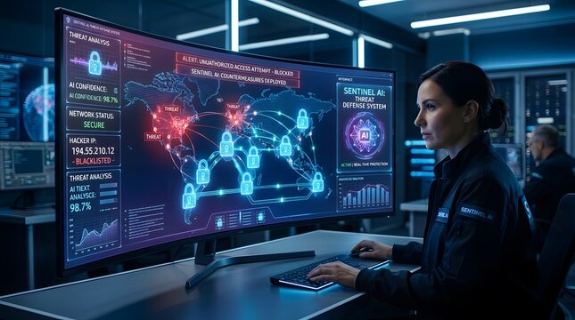 Cyber security analyst monitoring global network threats on a large computer screen with data visualization