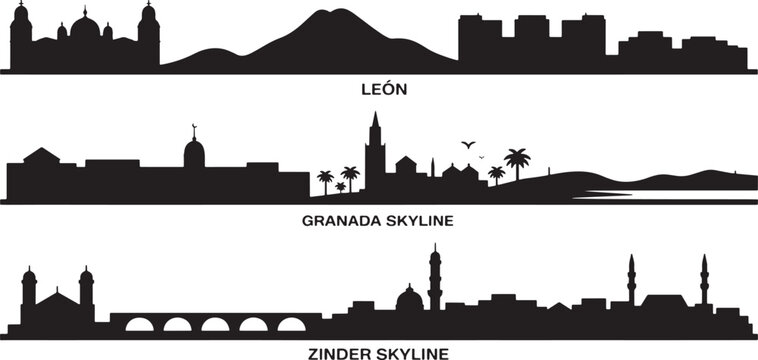 Assortment of worldwide city skylines with famous historic sites and prominent architectural features