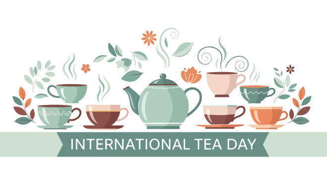 Colorful illustration of teacups and teapot with leaves