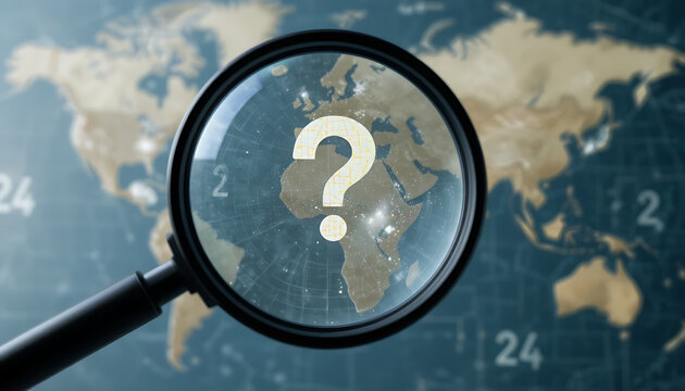 Magnifying glass with question mark on world map background for search concept