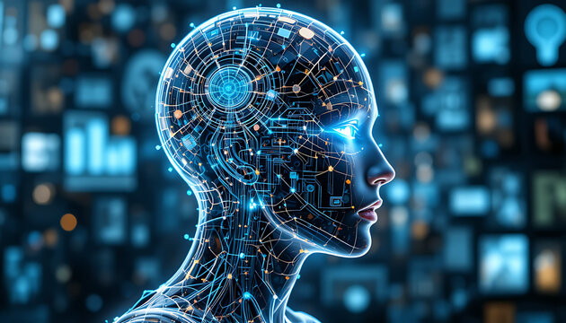 Futuristic digital human head with glowing blue circuits and wires on a blurred background of screens and data visualizations