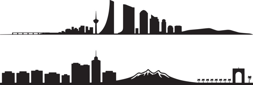 Kuwait and iran skylines silhouette set tourism and travel flat vector illustration art