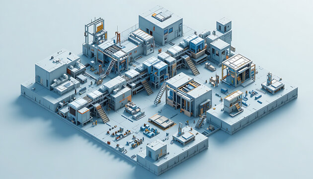 An isometric 3d rendering of a large industrial complex with various buildings and workers on a light blue background