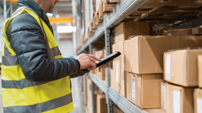 Warehouse employee checking a package barcode with a handheld scanner