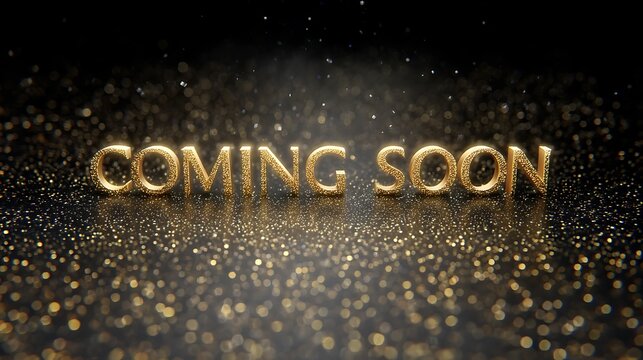 Glittering gold coming soon announcement with sparkling particles on dark background