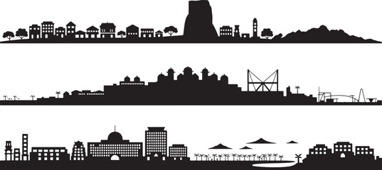 Obraz premium Silhouette skyline vector set of various cities showcasing iconic buildings and landmarks
