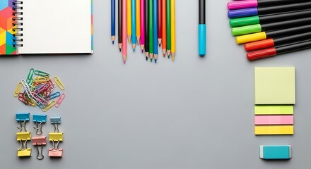 Fototapeta premium Colorful School and Office Supplies Flat Lay with Notebook Pencils Markers and Clips on Gray Background Copy Space