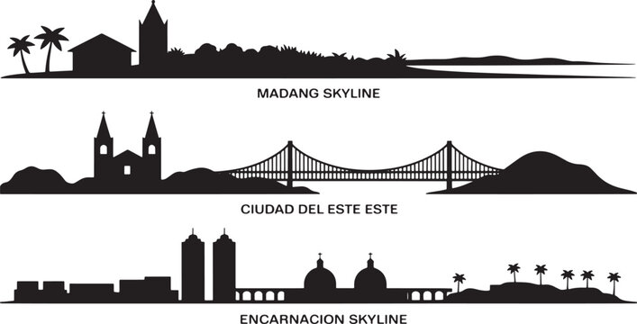 South american city skyline silhouettes including madang and encarnacion with famous bridges