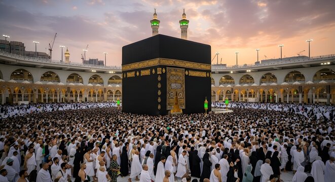 Massive crowd praying around kaaba in mecca during sunset