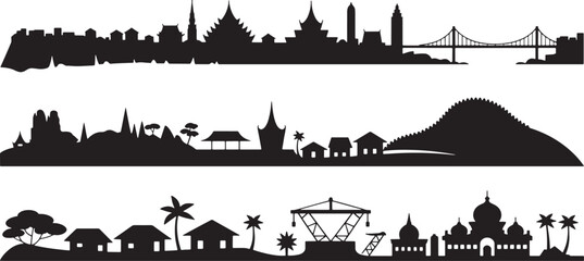 Obraz premium Tropical village silhouette on transparent background with palm trees and huts