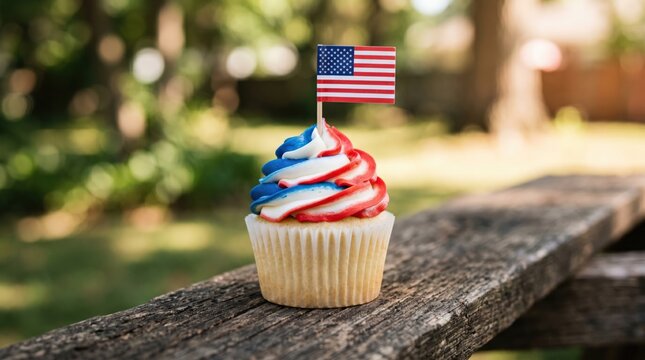 Red white and blue frosted cupcake with flag topper for a backyard summer picnic celebration