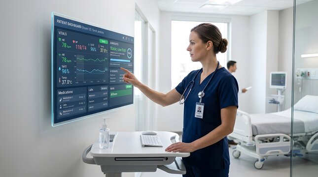 Medical professional uses an advanced digital display for real-time patient monitoring and health analytics, optimizing healthcare efficiency and modern hospital operations